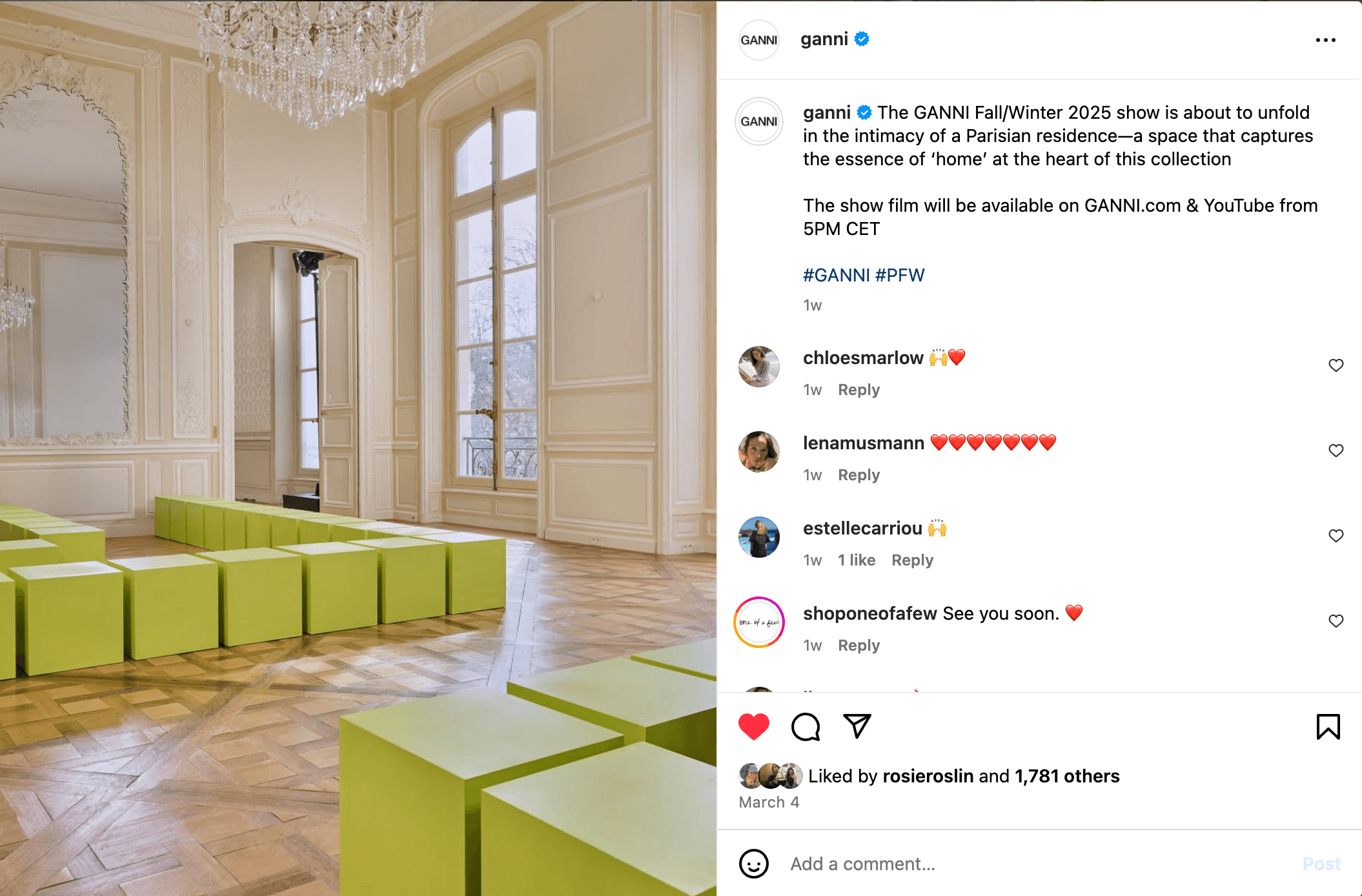 GANNI FW25 Location Reveal Instagram Post